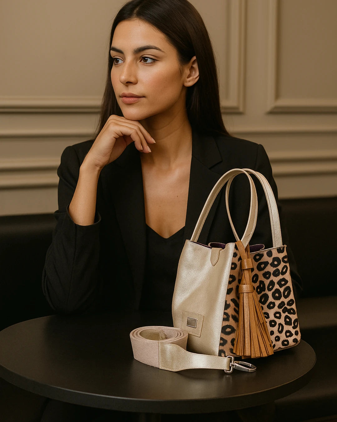 Mujer con bolso en cuero color oro con pelo