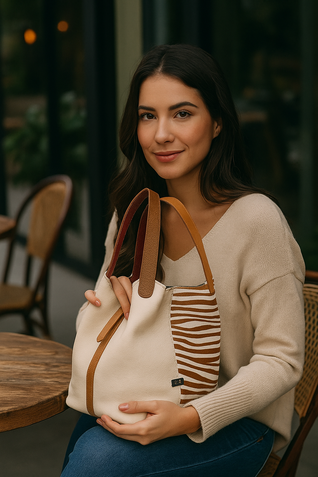 Mujer con bolso en cuero ZUHA en color talco con cebra